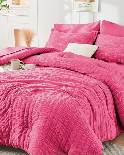 HYMOKEGE Hot Pink Twin Comforter Set Seersucker 5 Pieces, All Season Luxury Bed in a Bag for Bedroom, Bedding Set with Comforter, Sheets, Pillowcase & Sham