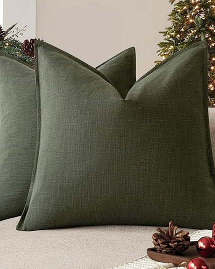 Foindtower Pack of 2, Decorative Linen Solid Throw Pillow Covers Soft Accent Cushion Case Farmhouse Neutral Pillowcase for Chair Couch Sofa Bedroom Living Room Home Decor 22 x 22 Inch Dark Olive Green
