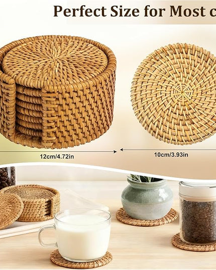 6Pcs Handmade Rattan Coasters with Holder -Woven Coasters for Drinks, Round Rattan Coaster, Rustic Farmhouse Wooden Coffee Table Decor, Kitchen, Dining Room, Housewarming Gift (Brown A)