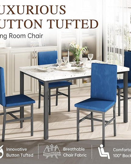 AWQM Dining Table Set for 4, Modern Marble Dining Table Set with 4 Upholstered Velvet Chairs,Dining Room Table Set for Kitchen, Breakfast Nook, Dining Room, Blue
