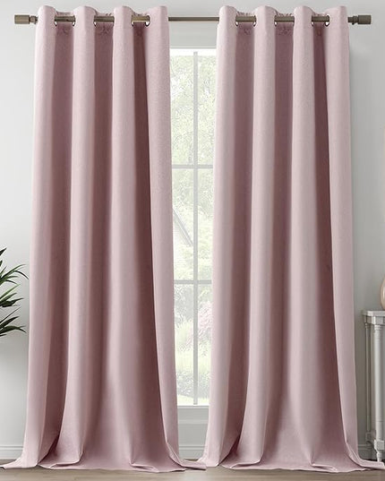 Full Blackout Pink Linen Curtains Grommet Room Darkening Curtain Panels 102 Inches Long for Living Room Nursery Thermal Insulated Lightweight Bedroom Drapes, Pink, W52 x L102, 2 Panels