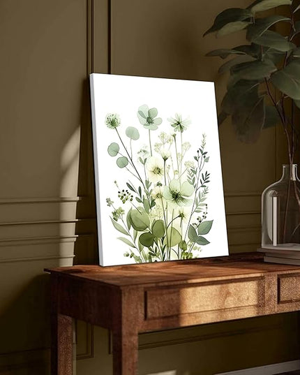 Boho Floral Canvas Wall Art Set of 3, Sage Green Wildflower Botanical Wall Decor Painting, Minimalist Watercolor Flowers Posters Prints for Bedroom Bathroom Living Room 16x24 In Framed