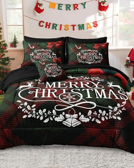 Bedbay Christmas Comforter Set Queen Size Bedding Set Xmas Bow Buffalo Checkered 8 Pcs Christmas Bedding Set 1 Comforter 4 Pillowcases 1 Cushion Cover 1 Flat Sheet 1 Fitted Sheet