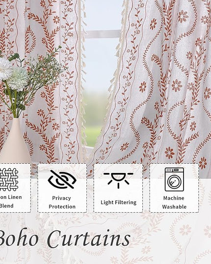 Boho Curtains for Living Room 63 Inches Long Semi Sheer Linen Floral Curtains Vintage Farmhouse Window Curtain 2 Panel for Dining Room Kitchen