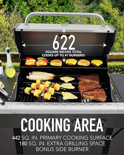 Kenmore 4-Burner Gas Grill with Side Burner, Outdoor BBQ Grill, Propane Gas Grill, Cast Iron Cooking Grates, Electronic Ignition, Warming Rack, Open Cart Design, 53000 BTUs, Stainless Steel