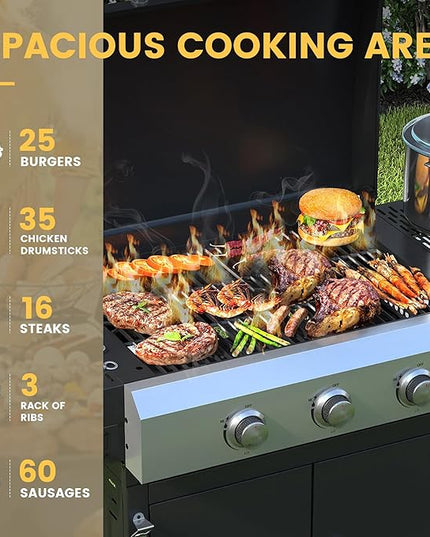 DIFY 3-Burner Propane Gas Griddle Grill, 28 in Flat Top Griddle Grill with Porcelain-Enameled Grates and Stainless Steel Frying Pan, 36000 BTU Output Barbecue Grills for Outdoor Barbecue
