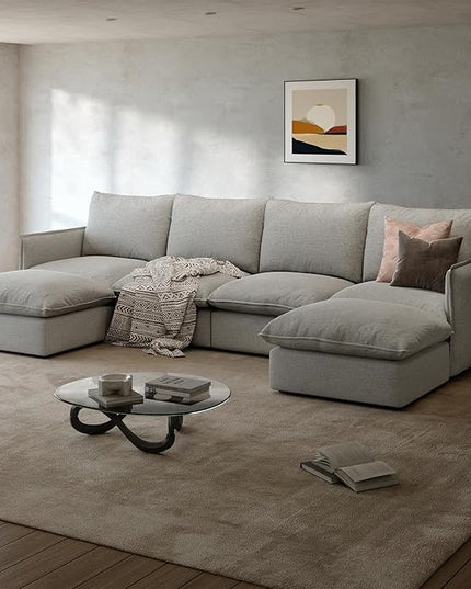 Waterproof Cloud Sectional Couches for Living Room,High Backrest Down Filled Couch,6 Seater Oversized Modular U-Shaped Sofas with Chaise,Detachable Sofa Covers,Light Grey