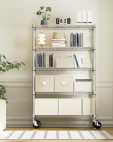 IZEUK 5-Tier Storage Shelving Unit with Wheels, Adjustable Heavy Duty Steel Wire Rack Organizer (Chrome, 17.7" D x 47.2" W x 76.7" H, 1750 lbs Capacity) for Garage, Kitchen, Pantry, Laundry, Basement