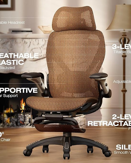 ELABEST X100 Ergonomic Office Chair with Footrest, Big and Tall Home Desk Chair with 5D Flip-Up Arms, Adjustable 3D Lumbar Support,High Back Rolling Computer Chair, Swivel Mesh Chairs