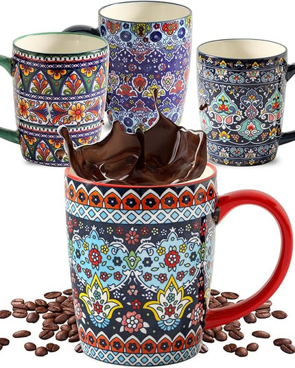HASENSE Coffee Mugs, 15 OZ Coffee Cups Ceramic Set of 4 with Handle and Bohemian Style for Man Woman, Vintage Stoneware Porcelain Coffee Cups Set for Tea, Cocoa, Milk, Latte and Cappuccino - Multi
