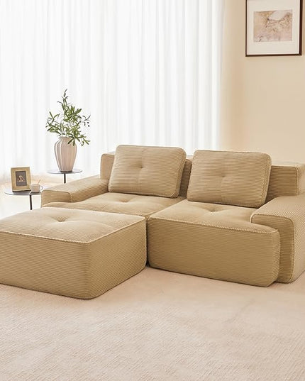 82" Convertible Modular Couches, Deep Seat L Shaped Sofas for Living Room, Modern 2 Seater Love Seat Sofa with 1 Ottoman for Small Space, Comfy Cloud Sectional Sofa Set, Corduroy Fabric Camel