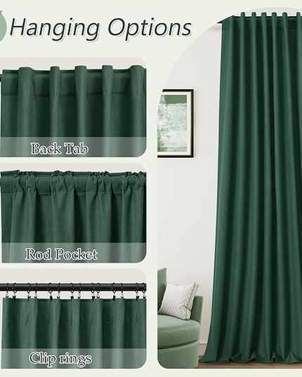 Guken Green Blackout Curtains 72 Inch Length 2 Panels Set for Living Room Bedroom Back Tab Thermal Insulated 100% Black Out Linen Drapes Boho Christmas Decor 52x72