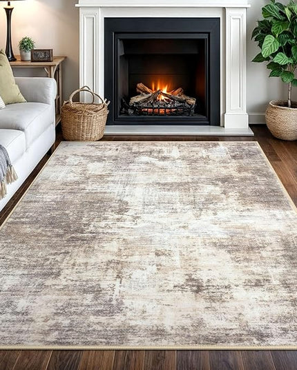 IOHOUZE Abstract Area Rugs 5x7 Ft Washable Rugs for Living Room, Non Slip Dining Room Rug, Printed Faux Wool Rugs for Bedroom, Floor Carpet for Office Nursery Playroom, Beige Brown