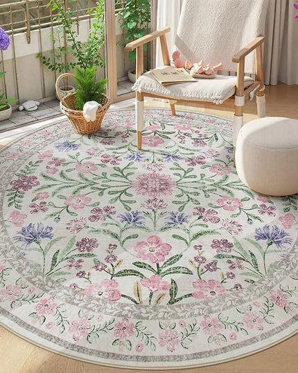 Wonnitar Floral Washable Round Rugs 6ft, Purple Circle Rugs for Bedroom Girls Dorm, Ultra-Thin Non Slip Boho Carpet for Nursery Girls Room Decor Living Room Playroom, Light Purple/Pink