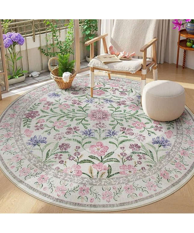 Wonnitar Floral Washable Round Rugs 6ft, Purple Circle Rugs for Bedroom Girls Dorm, Ultra-Thin Non Slip Boho Carpet for Nursery Girls Room Decor Living Room Playroom, Light Purple/Pink