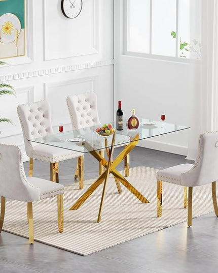 60" Glass Dining Table Set for 4, Modern Dining Room Table Set for 4, Gold X-Shape Pedestal Glass Table with 4pcs Beige Dining Chairs, 5 Piece Dining Set for Dining Living Room