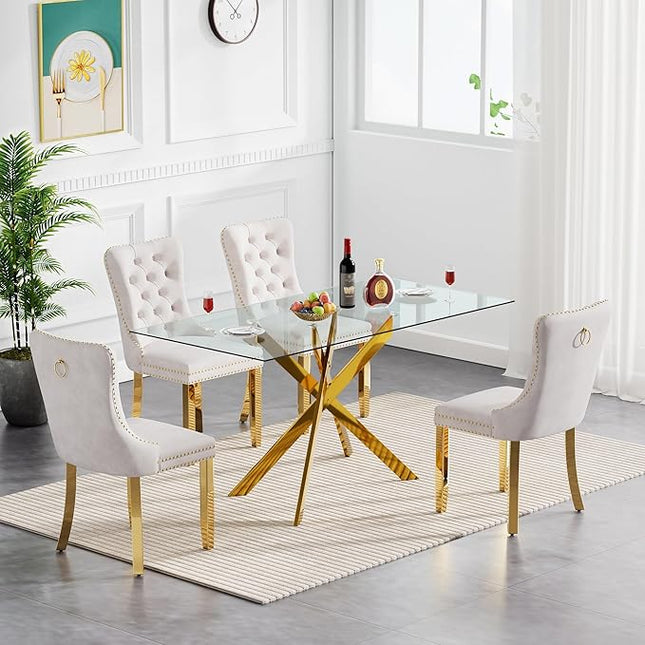 5 Piece Glass Dining Table Set with 4 Fabric Chairs, 51in Glass Gold Kitchen Table and Chair Set for 4, Beige Upholstered Chair, Modern Dining Room Set for 4, Metal Legs Home Kitchen Furniture