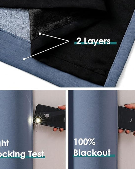 ChrisDowa 100% Blackout Curtains 108 inch Long for Bedroom with Black Liner, 2 Thick Layers Total Blackout Thermal Insulated Grommet Window Curtains 2 Panels Set (Stone Blue, 52 x 108 Inch)