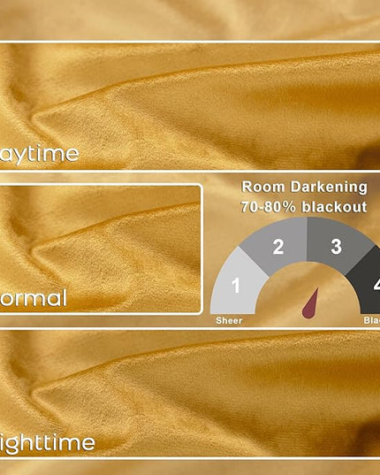 KOUFALL Mustard Yellow Velvet Curtains Blackout,Back Hook Retro Mid Century Modern Curtain,Pleated MCM Vintage Boho Eclectic Curtains for Living Room Bedroom 84 Inches Long 2 Panels