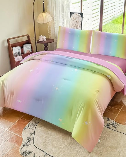 Rainbow Bedding Set Full Size – 5 Piece Reversible Girls Comforter with Deep-Pocket Sheet, Gradient Galaxy Design, Whole-Piece Filling, Machine Washable Bed-in-a-Bag for Kids Room Makeover & Gifts