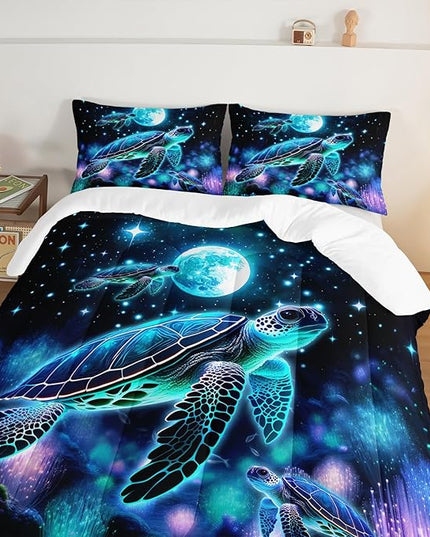 Sea Turtle Comforter Kids Bedding Set Twin Size,Glowing Waterweed Moon Flash Print Comforter Set for Kids Teens Boys Girls Room Decor,Nautical Reptile Animal Bedding Set with 2 Pillowcases.