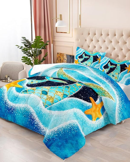 Mermaid Comforter Set Twin Size,3 Piece Mermaid Tail Bedding Set for Girls Kids Blue and Gold Teal Ocean Mermaid Fish Scales Starfish Bedding Quilt Set for Girls Kids Bedroom