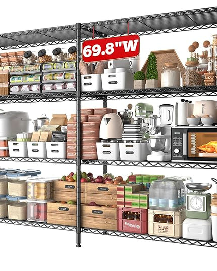 REIBII 69.8" W Storage Shelves 1250LBS Wire Shelving Unit 4 Tier Metal Shelving for Storage Rack Shelves Adjustable Heavy Duty Garage Shelf Pantry Shelves Kitchen Shelving, 69.8"Wx15.8"Dx62.9"H,Black