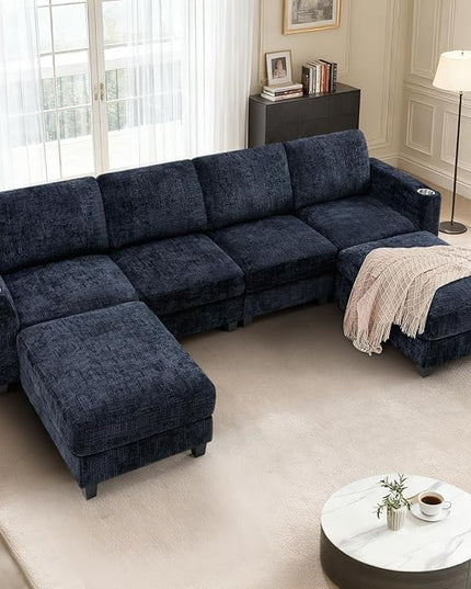 110" Chenille Sectional Sofa with Movable Ottomans, Modular U-Shape Couch with Cup Holders, Convertible 4 Seater Sofa with Well-Filled Backrest Cushions for Living Room, House, Blue