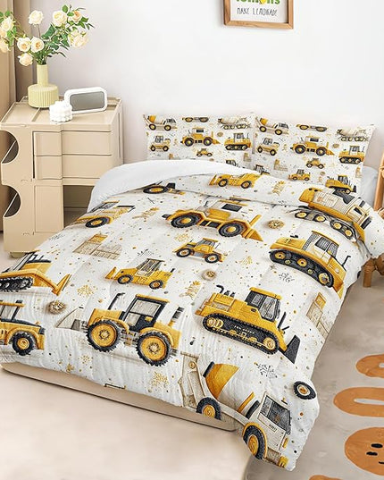 AILONEN Cartoon Construction Trucks Comforter Set Queen Size,Truck Cranes Tractors Bedding Sets,Boys Yellow Machinery Truck Duvet Set,3-Piece, 1 Quilt and 2 Pillowcases,Soft Microfiber