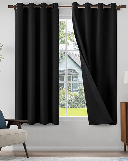 100% Blackout Linen Textured Curtains for Children's Room, Bedroom, Light Weight Curtains with Grommets Top, Full Blackout Curtains Privacy Protection, Black, 52" W x 63" L, 2 Panels