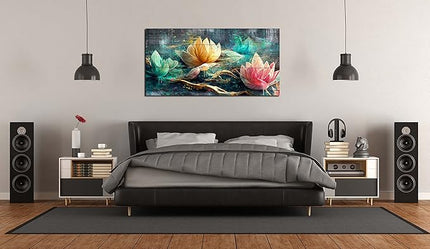 GUGIKA Lotus Flower Wall Art for Living Room, Floral Canvas Wall Decor for Bedroom, Teal Vintage Print Painting, Colorful Artwork for Home, Aesthetic Picture Decoration, Size 40x20