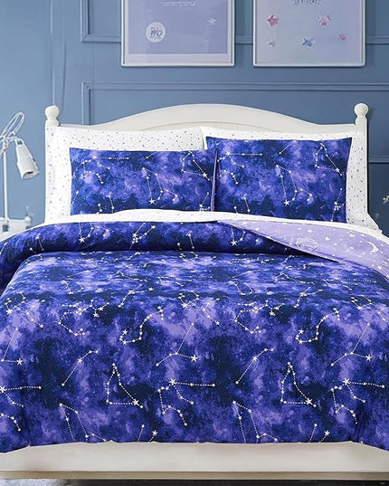 Full Size Comforter Set -7 Pieces Girls Boys Galaxy Glow in The Dark Full Bedding Sets for Kids, Ultra Soft Bed in A Bag with Sheets