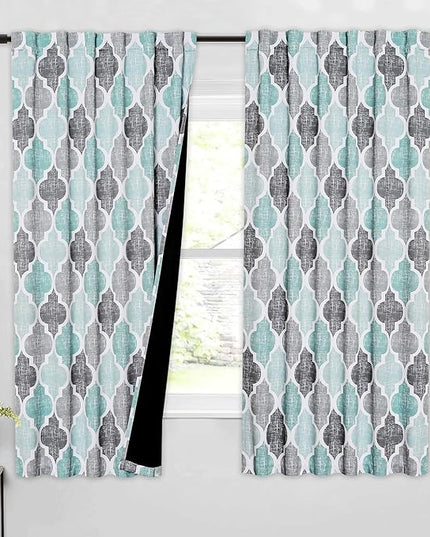 Beauoop 100% Blackout Curtains 63 Inches Long 2 Panels for Bedroom Living Room Aqua Grey Moroccan Geo Room Darkening Thermal Insulated Soundproof Rod Pocket Back Tab Window Treatments Drapes, 50x63