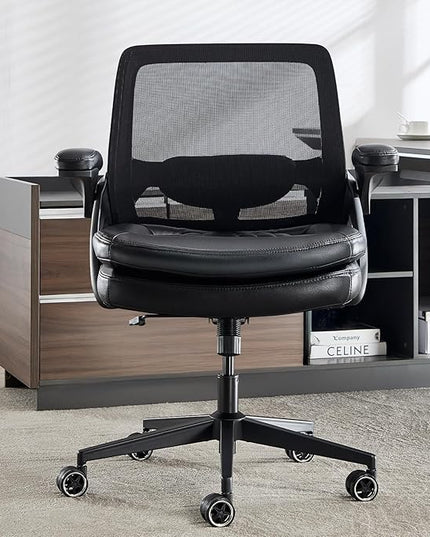 Big and Tall Office Chair, 500lbs Mesh Heavy Duty Ergonomic Desk Chair with Flip-up Armrests, Plus Size Wide Seat in PU Leather, 360 Swivel Computer Executive Task Chair for Home Office (Black)