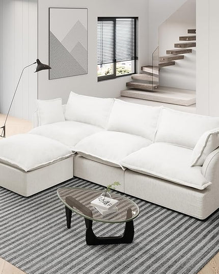 Cloud Couch Modular Sectional for Living Room,L Shaped Down Filled Sectional Sofa,3 Seater with Ottoman Couch,Deep Seat Couches,Sofa Covers Washable&Replaceable,Cream White