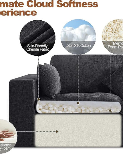 115''Cloud Boneless Sectional Couch, Modular Sectional Sofa Deep Seat with Ottoman, Oversized Upholstered Convertible Comfy 4 Seater Chenille Sofa L Shape Couches for Living Room, Dark