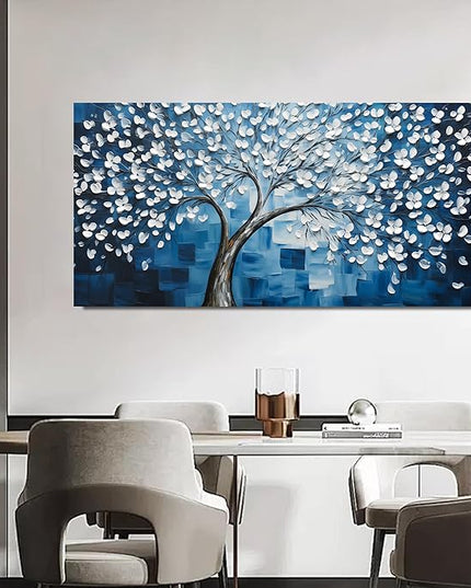 SSNEEKNDG Blue Tree of Life Wall Art for Bedroom White Flower Tree Large Artwork for Living Room Office Kitchen Modern Aesthetic Pictures Canvas Prints 20"x40"