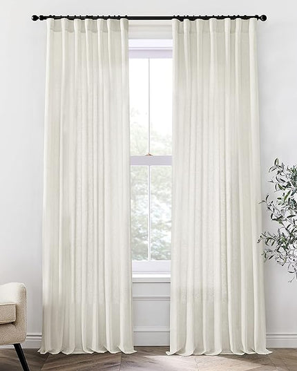 XTMYI 90 Inches Long Sheer Linen Curtains 2 Panels Set,Hook Tape Back Tab Semi Sheer Cotton Blend Fabric Modern Cottage Core Cottagecore Curtain Drapes for Living Room Bedroom,50x90 in Length