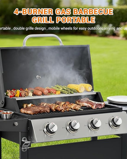 4-Burner Stainless Steel Gas Grill | 34,000 BTU Total Output & 421 sq.in Cooking Area | Powerful Even-Heat System for Large Family BBQs & Backyard Parties