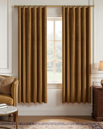 KOUFALL Velvet Black Out Curtains 63 Inch Long for Living Room,63 Inch Length Blackout Room Darkening Luxury Gold Brown Thermal Curtains Drapes for Bedroom 2 Panels Set