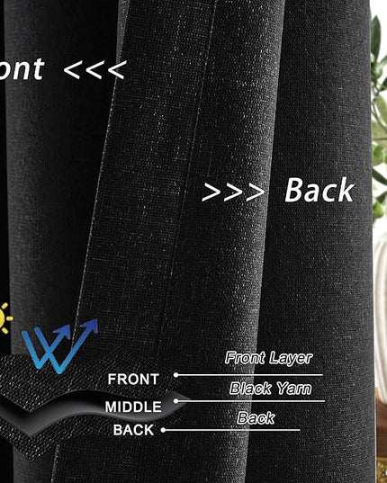 126 Inches Long Total Blackout Extra Long Linen Look Curtains, Ceiling to Floor Full Shade Noise Reducing Curtain Panels for Light Sleepers 10.5 Ft Length, Black, W52 x L126, 2 Panels