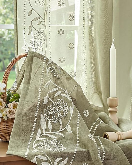 jinchan Winslow Sheer Curtains 63 Inch Length for Dorm Bedroom Bordered Floral Pattern Decorations Short Curtains Light Filtering Window Treatments, 50W x 63L, Ivory on Sage, 2 Panels
