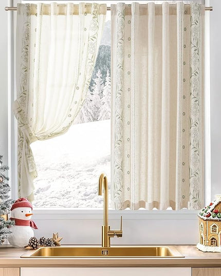 jinchan Winslow Linen Curtains 54 Inch Length Christmas Decorations Farmhouse Small Window Curtains Embroidered Bordered Floral Drapes Light Filtering for Bathroom Kitchen Sage on Beige 2 Panels