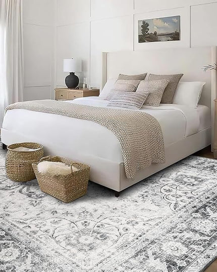 ReaLife Rugs Machine Washable Area Rug - Living Room Bedroom Bathroom Kitchen Entryway Office - Padded Low Pile Stain Resistant Premium - Boho Farmhouse Vintage - Joy - Gray 5' x 7'