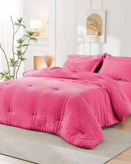 HYMOKEGE Hot Pink California King Comforter Set Seersucker 7 Pieces, All Season Luxury Bed in a Bag for Bedroom, Bedding Set with Comforter, Sheets, Pillowcases & Shams