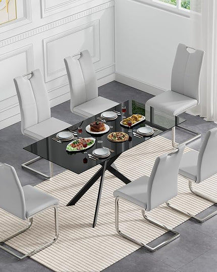 HomVent 7 Pieces Rectangular Glass Dining Table Table Set, Black Glass Dining Table Set for 6 Kitchen Table Set with 6 PU Dining Chairs for Kitchen Dining Room (Black3-Table with 6 Grey Chairs)