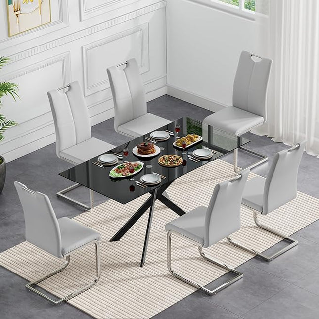 HomVent 7 Pieces Rectangular Glass Dining Table Table Set, Black Glass Dining Table Set for 6 Kitchen Table Set with 6 PU Dining Chairs for Kitchen Dining Room (Black3-Table with 6 Grey Chairs)