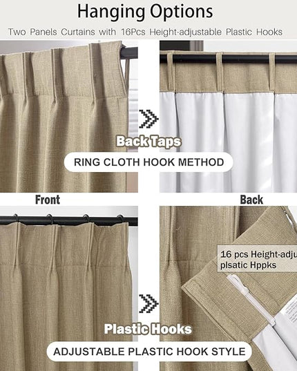 IVAPUPU Sand Pinch Pleated Full Blackout Linen Curtains for Bedroom, Black Out Curtains 95 Inches Long for Living Room Darkening Thermal Insulated Neutral Pleat Drapes with 16 Hooks, 2 Panels