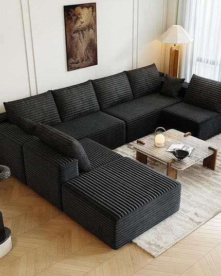 139.4" Modular Sectional Sofa, Oversized U-Shaped Minimalist Couches with 2 Middle Seats and 1 Ottoman Chaise, Modern Deep Seat Convertible Sleeper Sofa, Cloud Plush Corduroy Fabric,7 Seater, Black