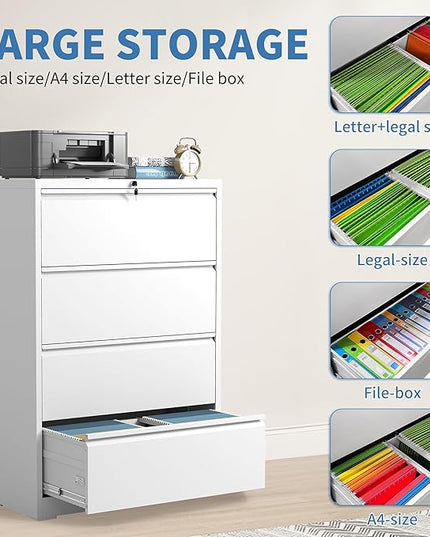 File Cabinets 4 Drawer,Metal Office Storage Filing Cabinet with Lock,White Lateral Filing Cabinet for Home Office,Horizontal Locking File Cabinet for Legal/Letter/A4,Assembly Require,White